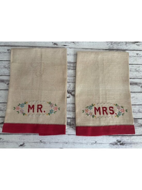 Handmade Other - Vintage Hand-Embroidered Red Floral Mrs & Mr Hand Towels 11x18 Linen‎